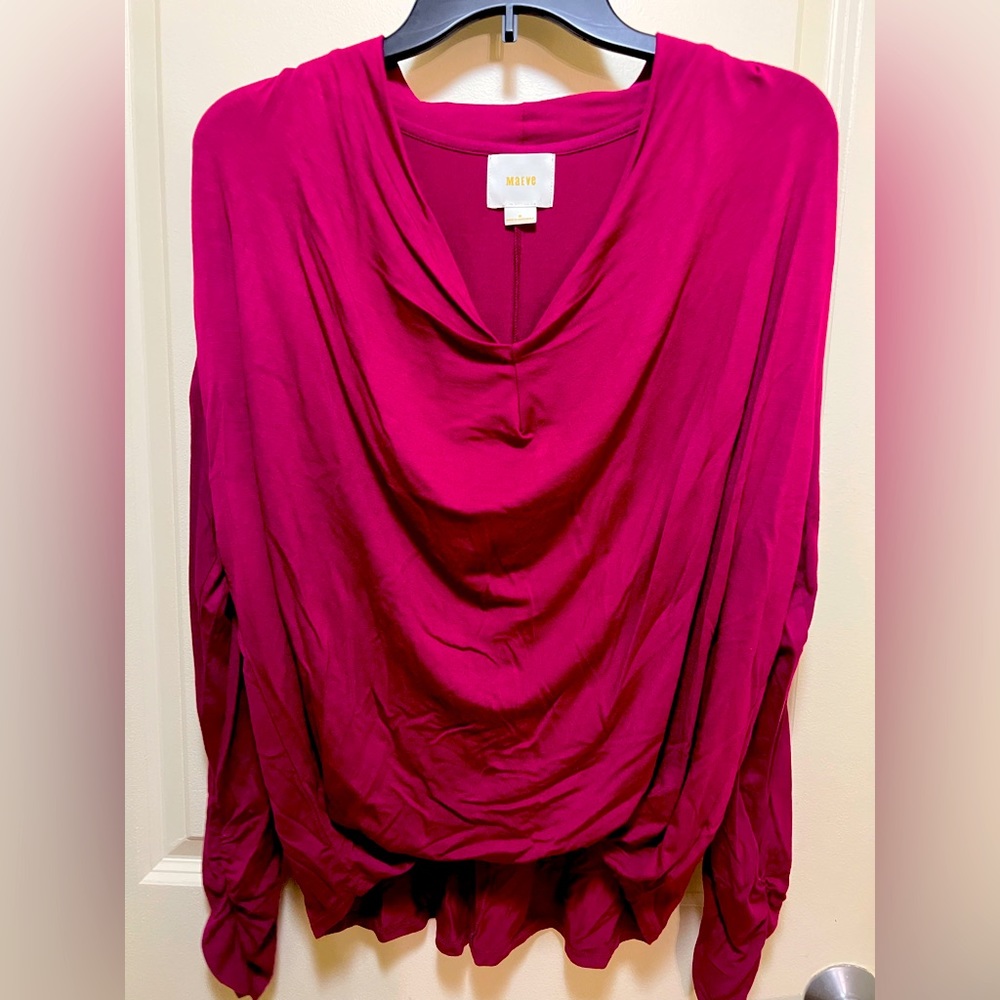 Anthropologie Maeve Drape Cowl Top Pink Long Ruched Sleeves
